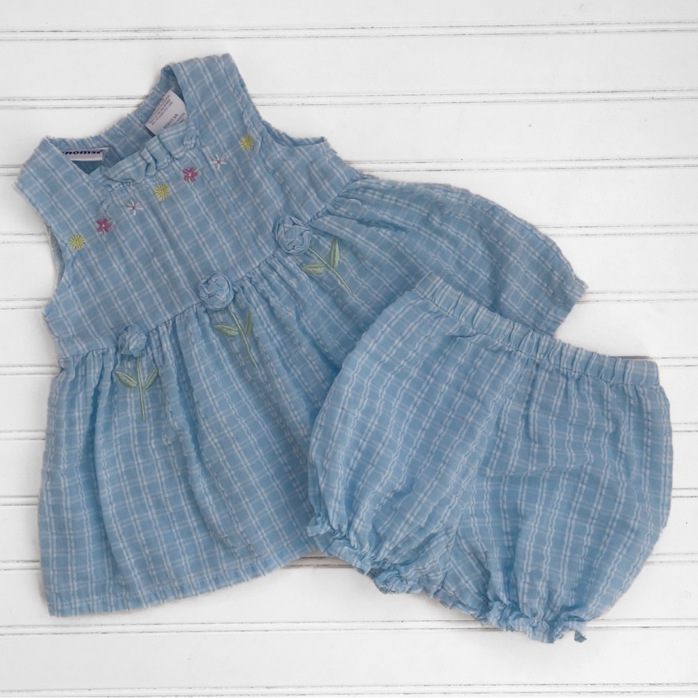 VINTAGE EUC Girls Floral Embroidered Seersucker Bloomer Set
